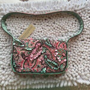 VIRAL BEADED PINK & GREEN PAISLEY SHOULDER BAG WITH FRINGE
